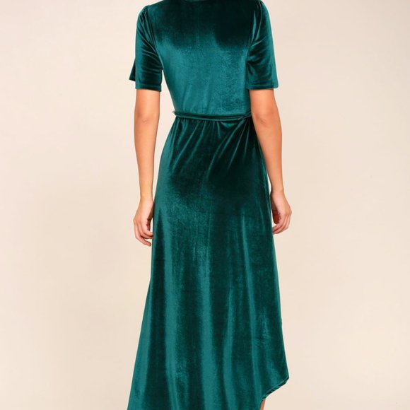 Amour Teal Green Velvet High-Low Wrap Dress - Picture 3 of 4